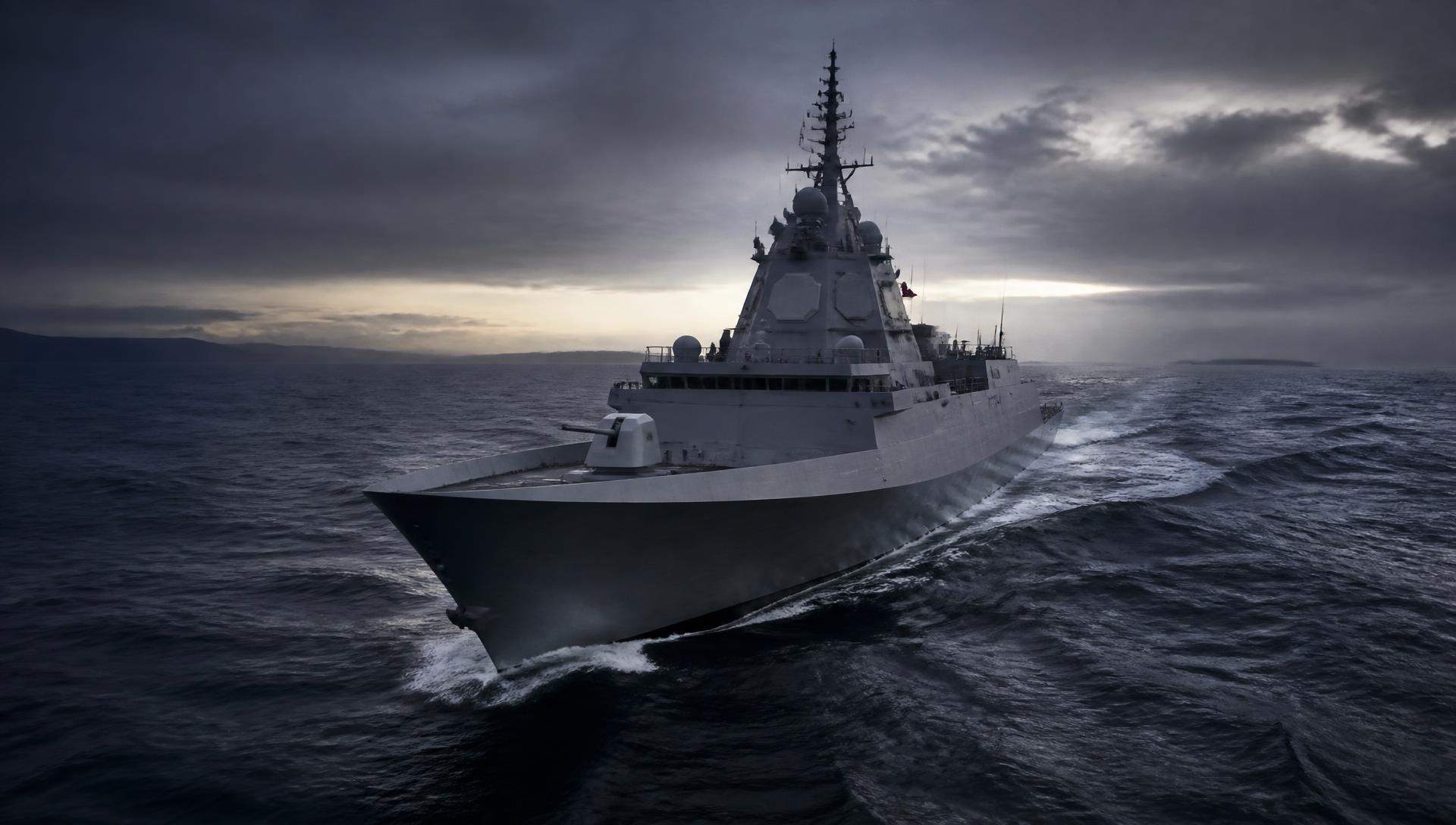 Naval destroyer at sea in low light